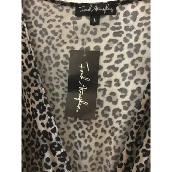 French Atmosphere Womens Leopard Print Long-Sleeve Top L Polyester/Spandex Made - Picture 7 of 12
